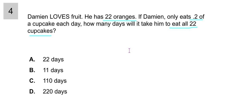 Damien LOVES fruit. He has 22 oranges. If Damien, only eats .2 of a cupcake each day-example-1