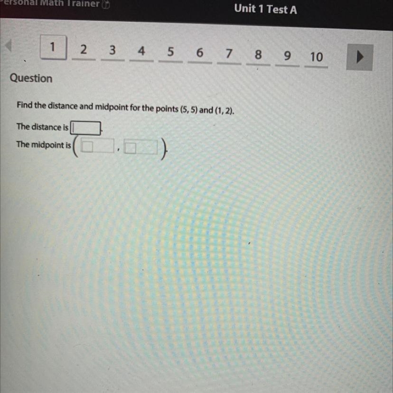 Find the distance and midpoint for the points (5,5) and (1,2). The distance is The-example-1