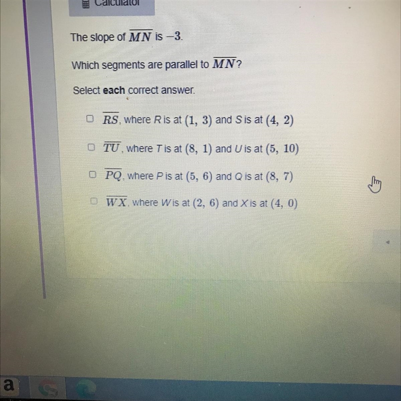 The slope of MN is -3 which segment is parallel to MN-example-1