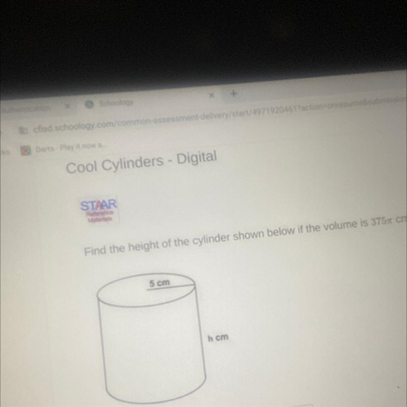 Whats the height of the cylinder below if the volume is 375 pie cm3-example-1