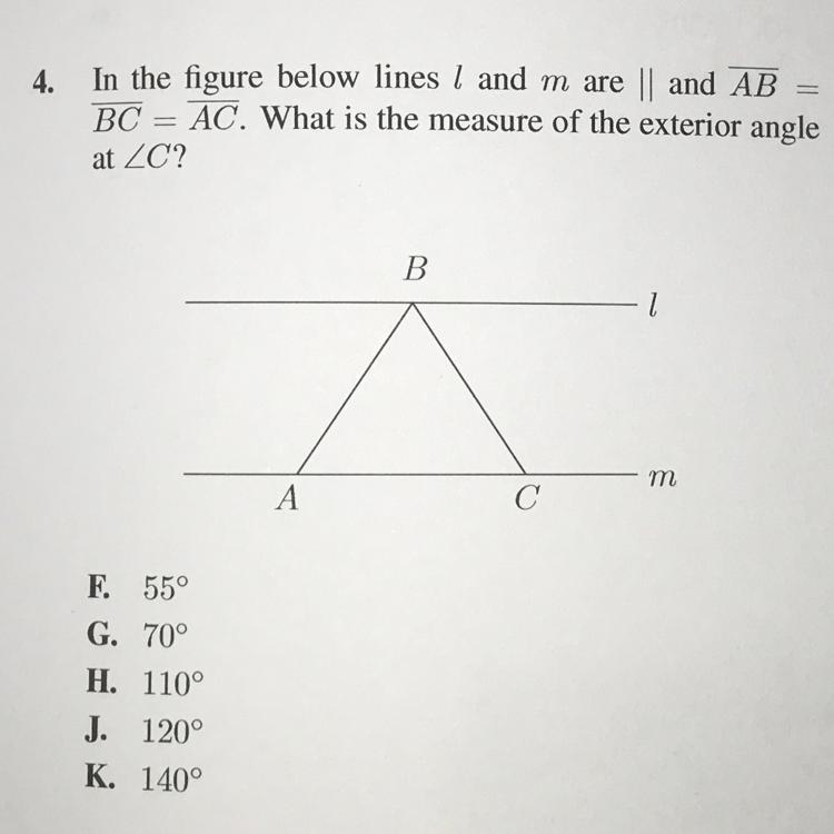 In the figure below, lines L and M are parallel and line AB = line BC = line AC. What-example-1