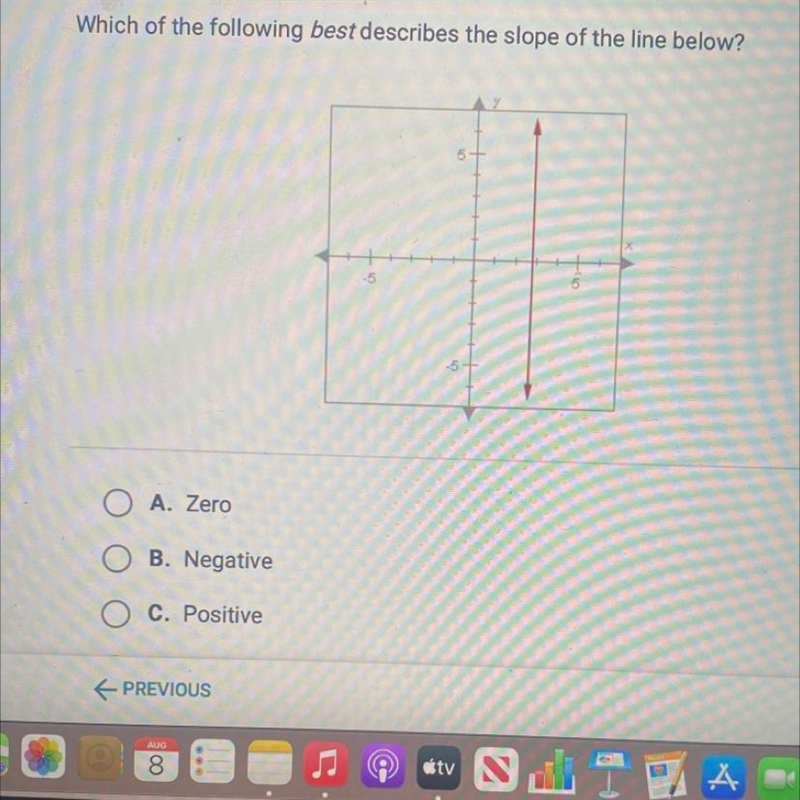 Which of the following best describes the slope of the line below? A. Zero B. Negative-example-1