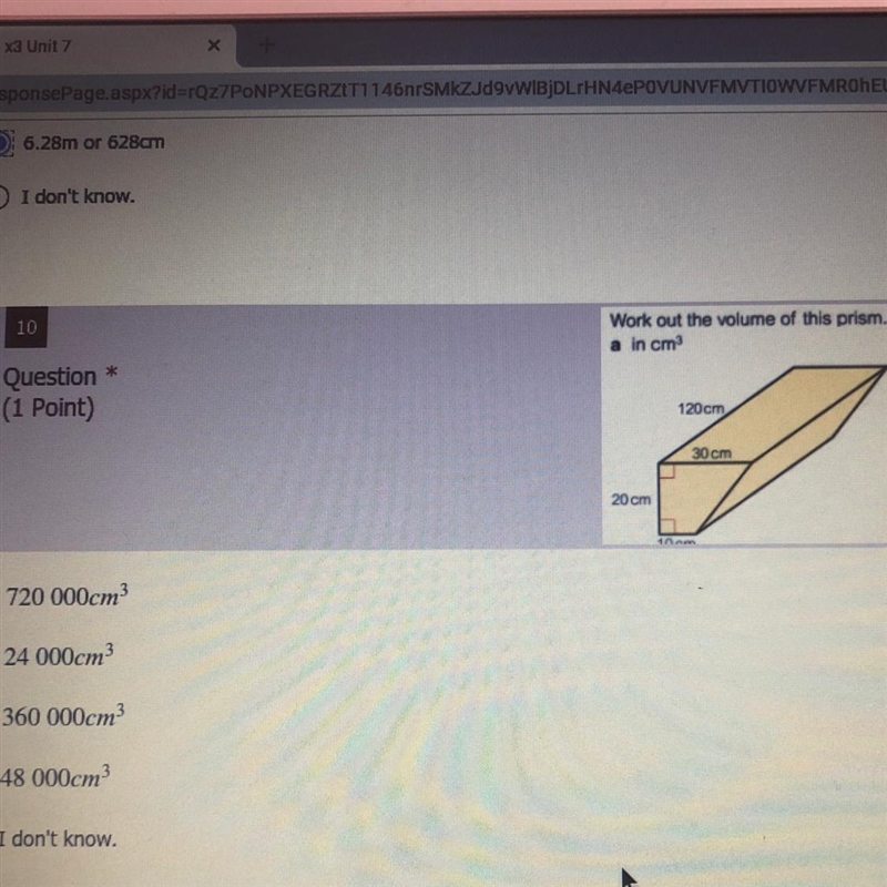 Work out the volume of this prism. Write your answer a in cm? 120cm 30cm 20 cm-example-1