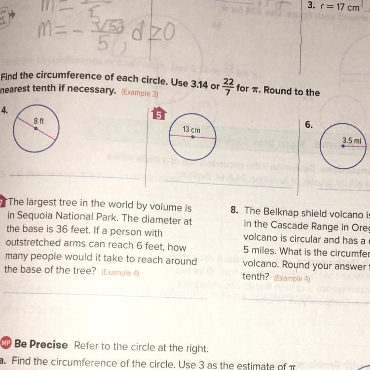 Find the circumference of each circle. Use 3.14 or 22/7 for T. Round to the nearest-example-1