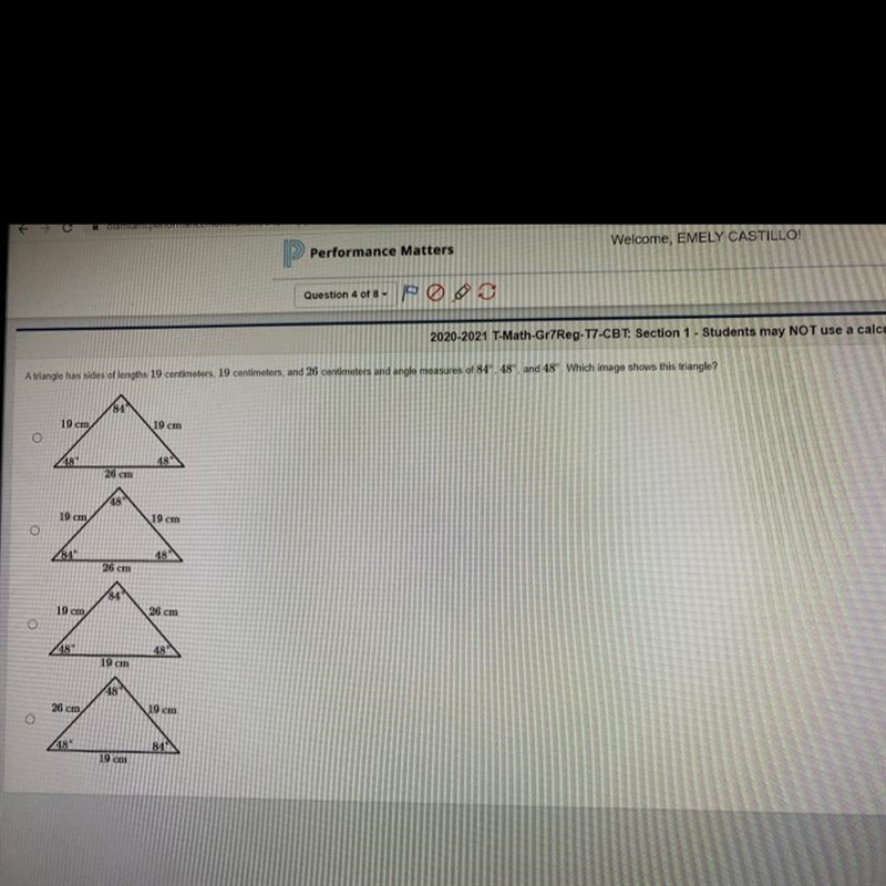 A triangle has sides of lengths 19 centimeters, 19 centimeters, and 26 centimeters-example-1