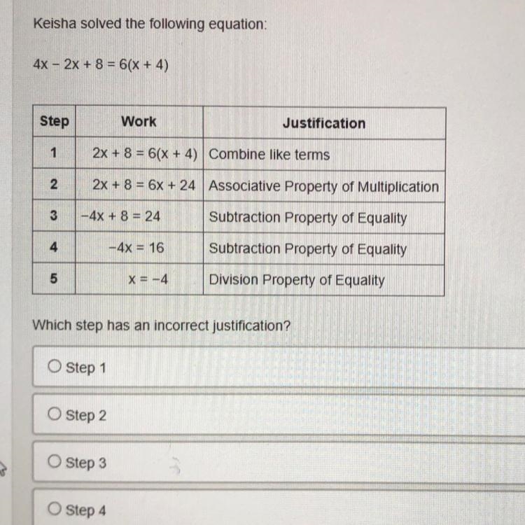 Keisha solved the following equation: 4x - 2x + 8 = 6(x + 4) Which step has an incorrect-example-1