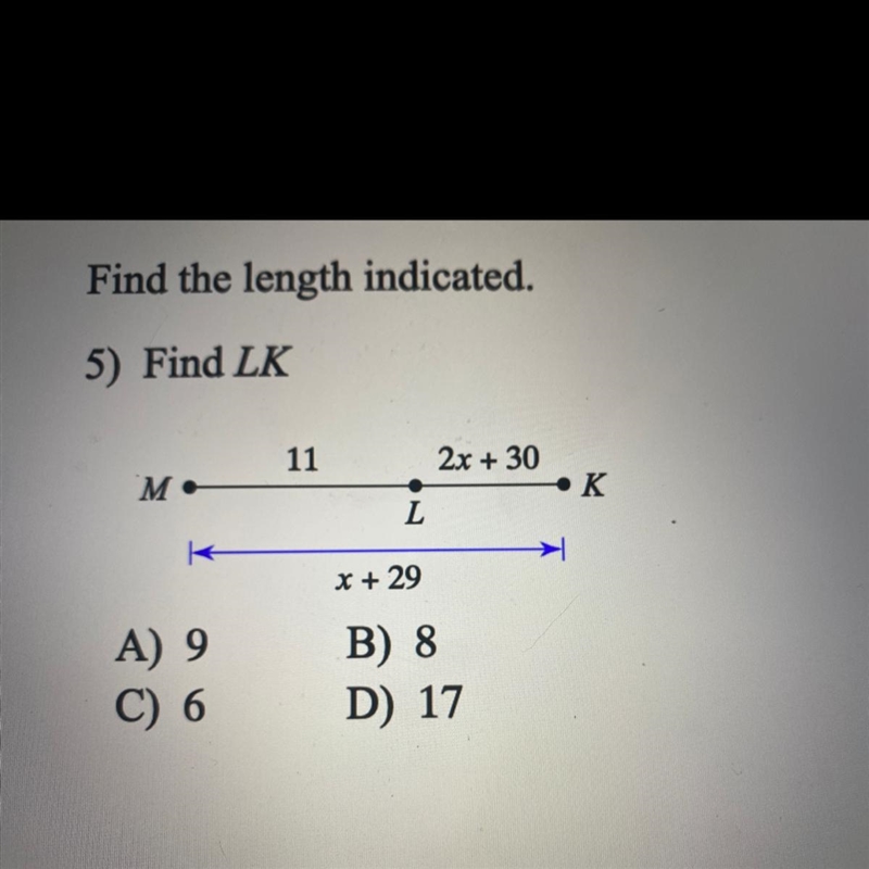 Find LK A) 9 B) 8 C) 6 D) 17-example-1