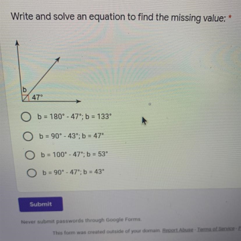 Write and solve an equation to find the missing value: * 47°-example-1