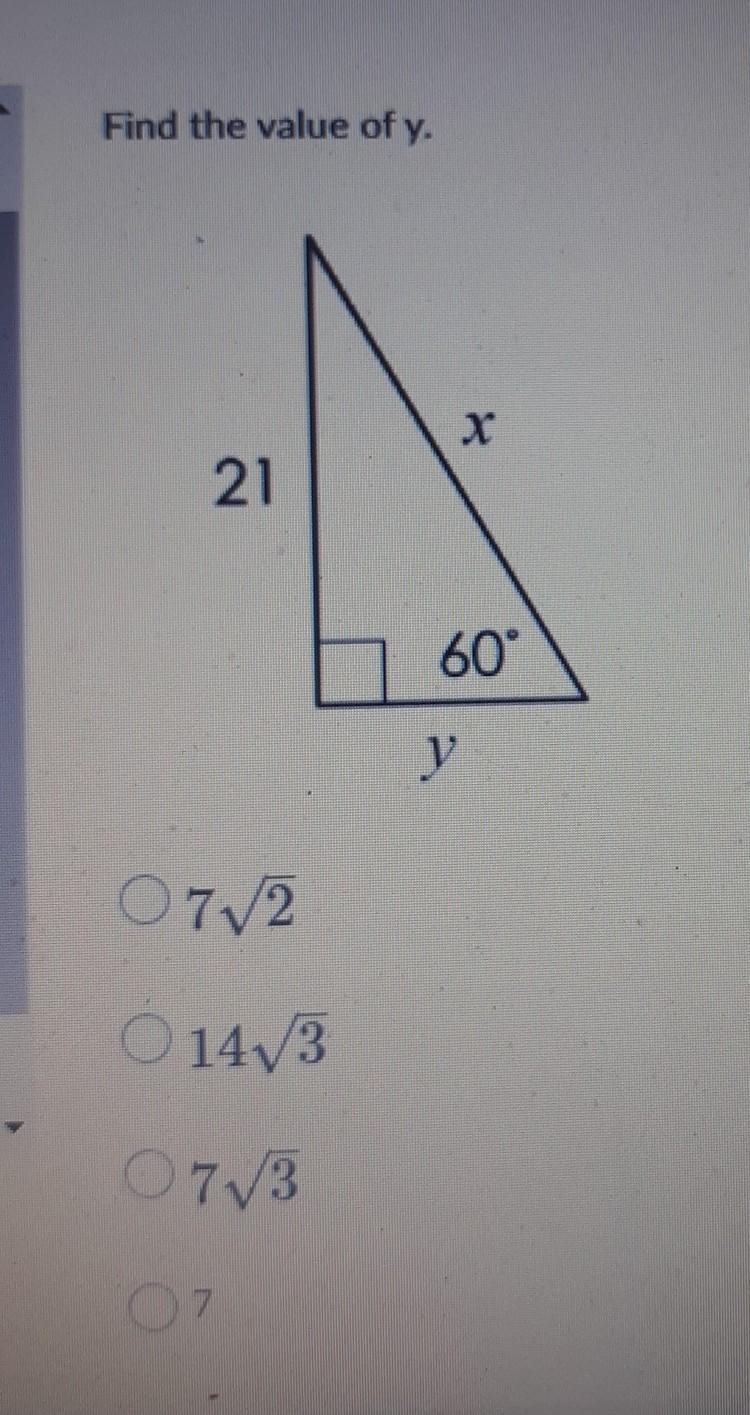 Find the value of y answer is not 14 √(3) . NO SCAMS OR LINKS! THANKS FOR THE HELP-example-1