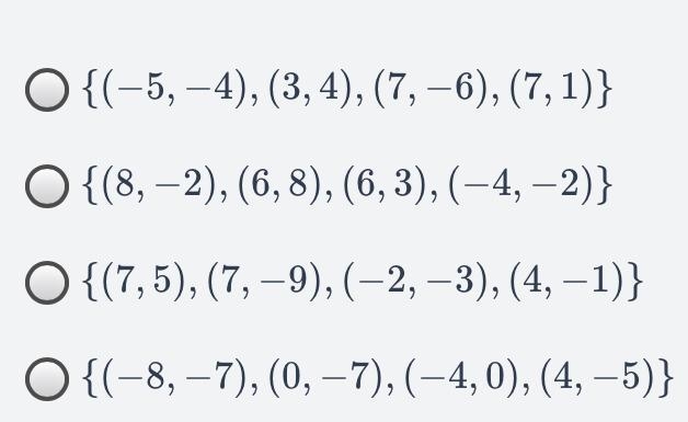 Which set of ordered pairs represents a function? ( Please help me with this as soon-example-1