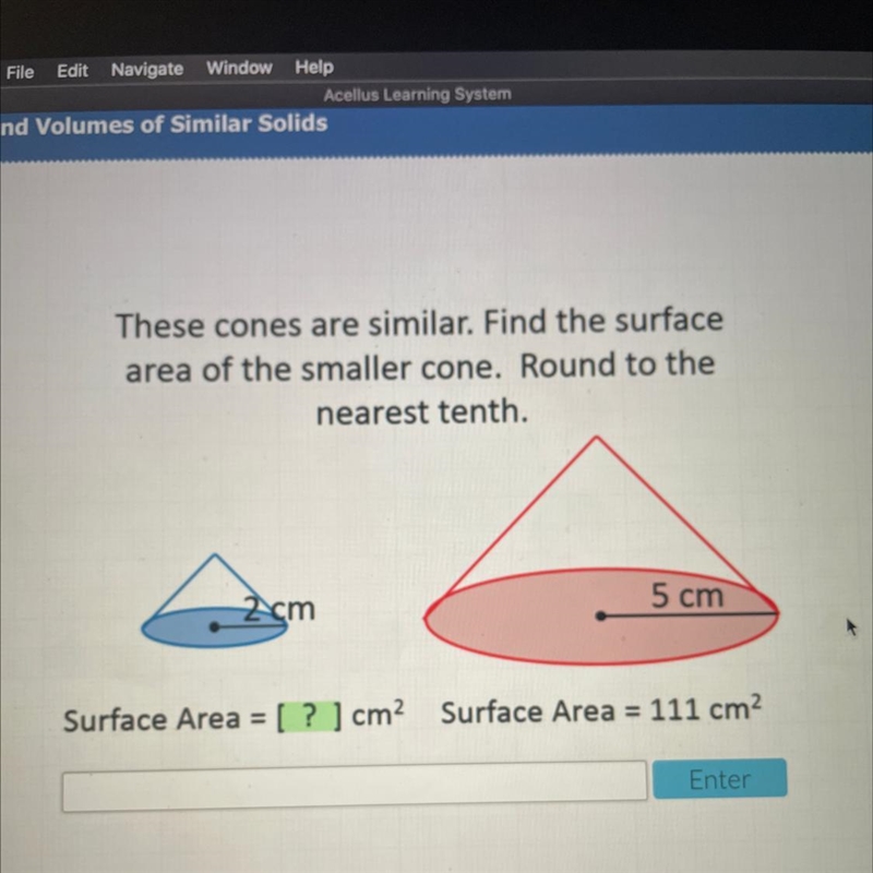 These cones are similar. Find the surface area of the smaller cone. Round to the nearest-example-1