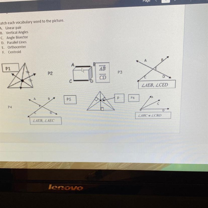 3. Match each vocabulary word to the picture. A Linear pair B. Vertical Angles C Angle-example-1