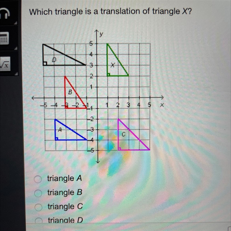 Which triangle is a translation of triangle X? triangle A triangle B triangle C triangle-example-1