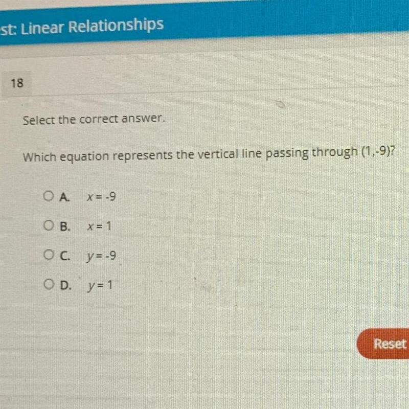 Which equation represents the vertical line passing through (1,9)?-example-1