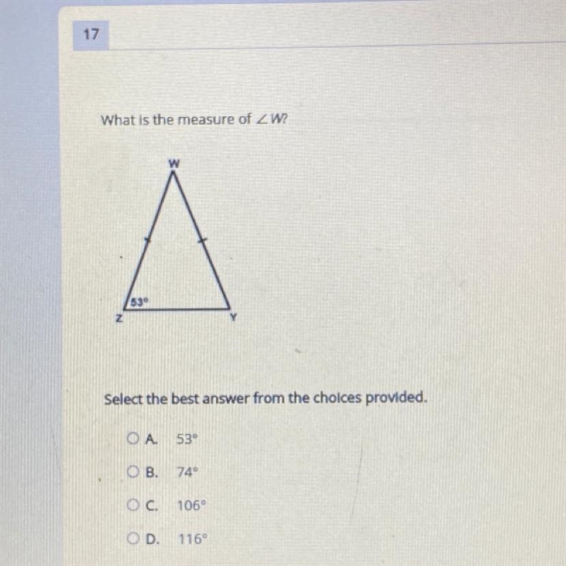 What is the measure of ZW? Select the best answer from the choices provided. A.530 B-example-1