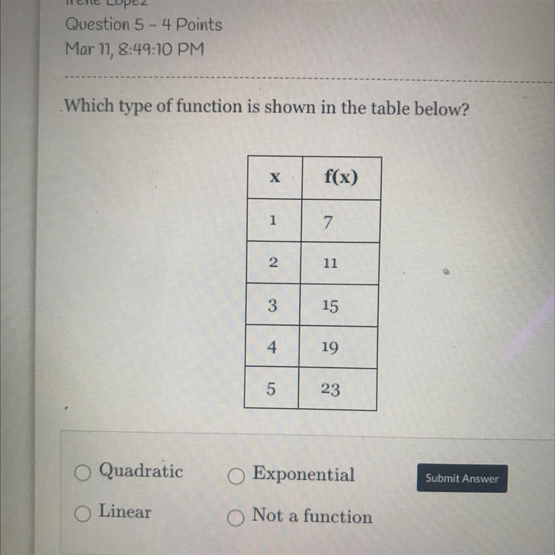 Which type of function is shown in the table below? Х f(x) 1 1 7 2 11 3 15 4 19 07 23-example-1