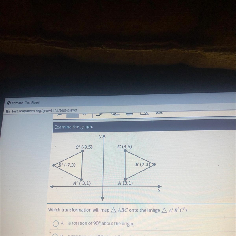 C' (-3,5) C (3,5) B' (-7,3) B (7,3) A' (-3,1) A (3,1) Which transformation will map-example-1