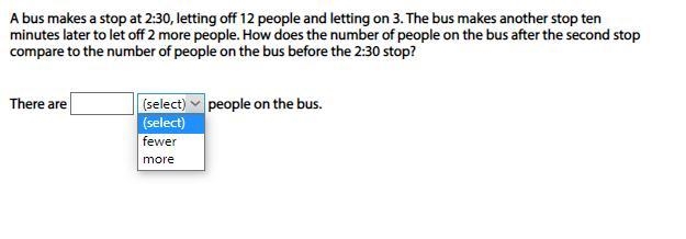 A bus makes a stop at 2:30, letting off 12 people and letting on 3. The bus makes-example-1