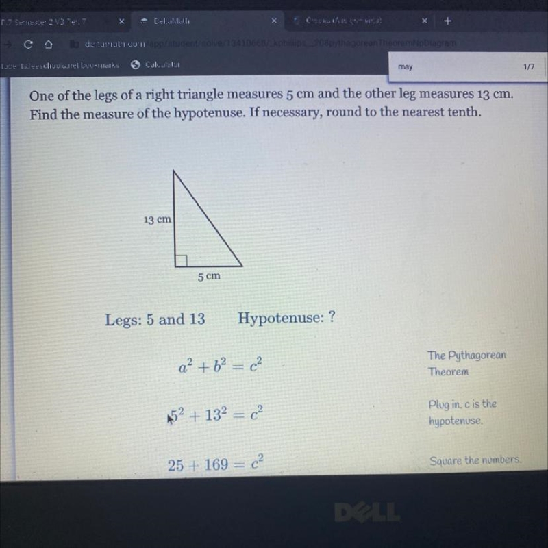 One of the legs of a right triangle measures 5 cm and the other leg measures 13 cm-example-1