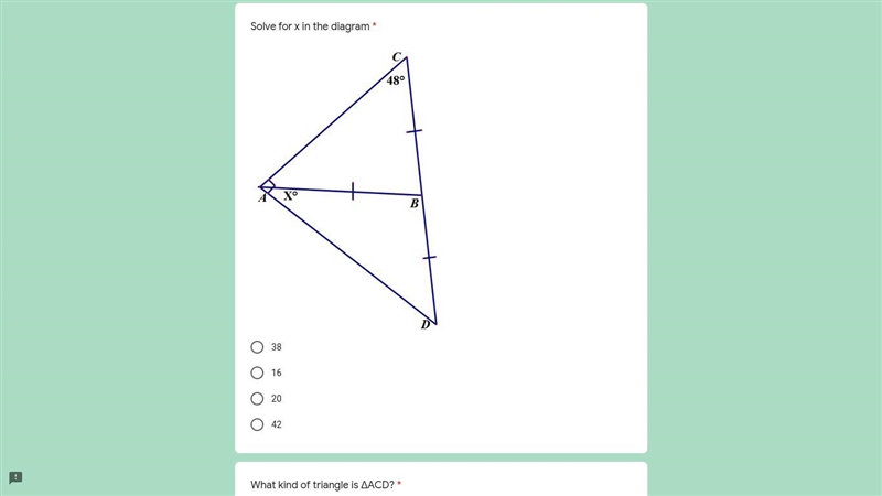 Solve for x in the diagram A)38 B)16 C)20 D)42-example-1