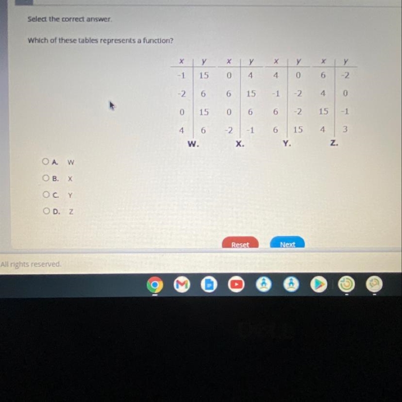 Which of these tables represents a function? W X Y Z?-example-1