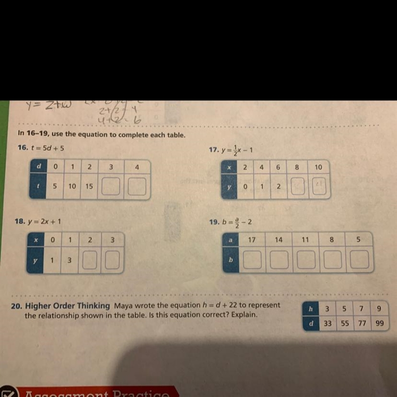 In 16-19, use the equations to compete the tables. (Picture provided)-example-1