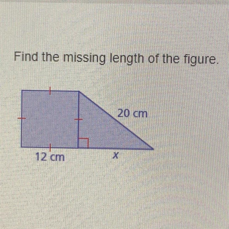 Find the missing length of the figure. 20 cm and 12 cm-example-1