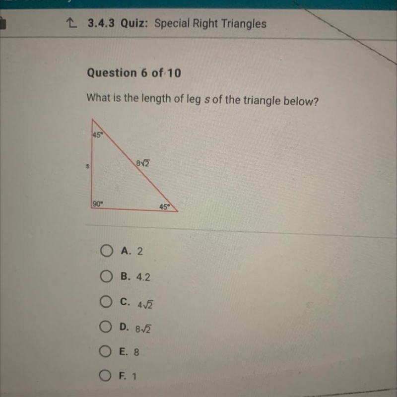 What is the length of leg s of the triangle below?-example-1