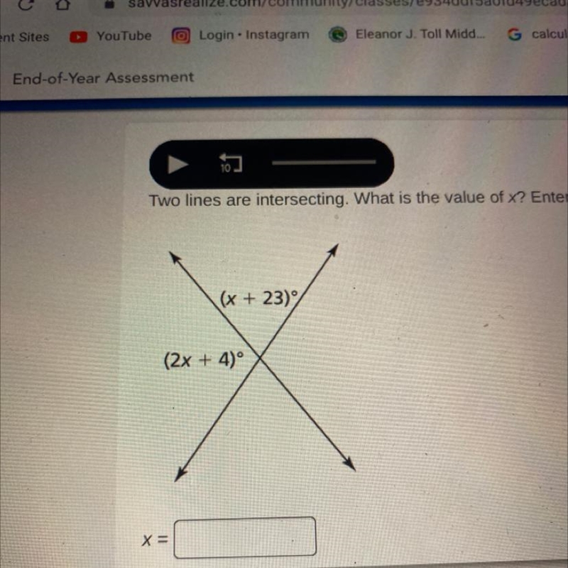 Two lines are intersecting. What is the value of X? And to your answer in the box-example-1