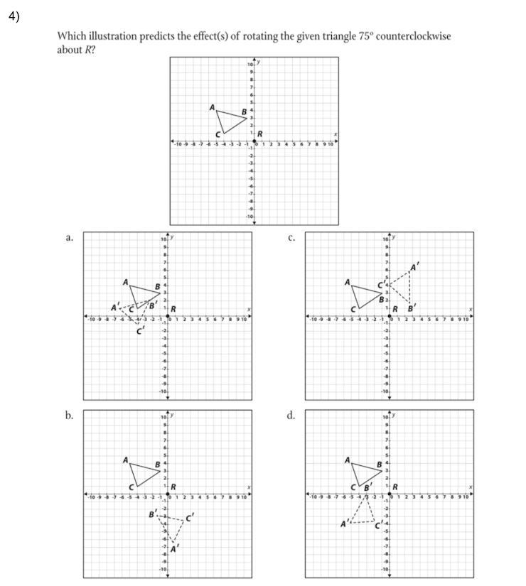 Which illustration predicts the effects of rotating the given triangle 75 degrees-example-1