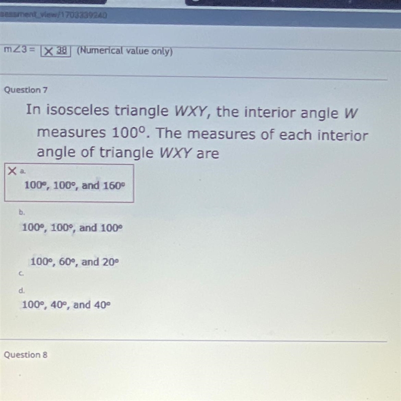 Hs math need help on triangle A 100 , 100 , 160 B 100 , 100 , 100 C 100 , 60 , 20 D-example-1