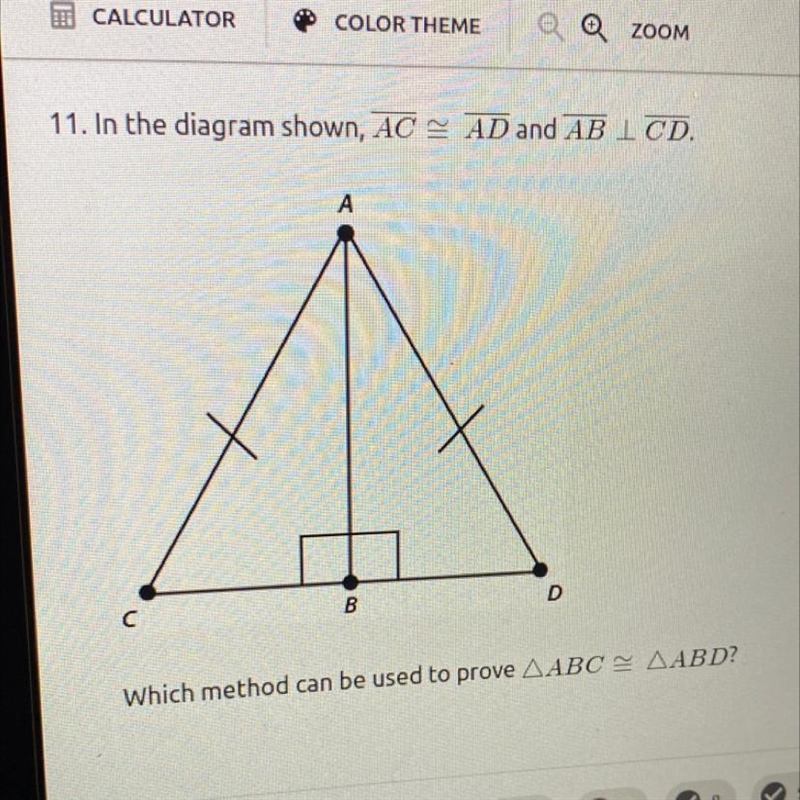 Which method can be used to prove ABC = ABD? SSS or HL?-example-1