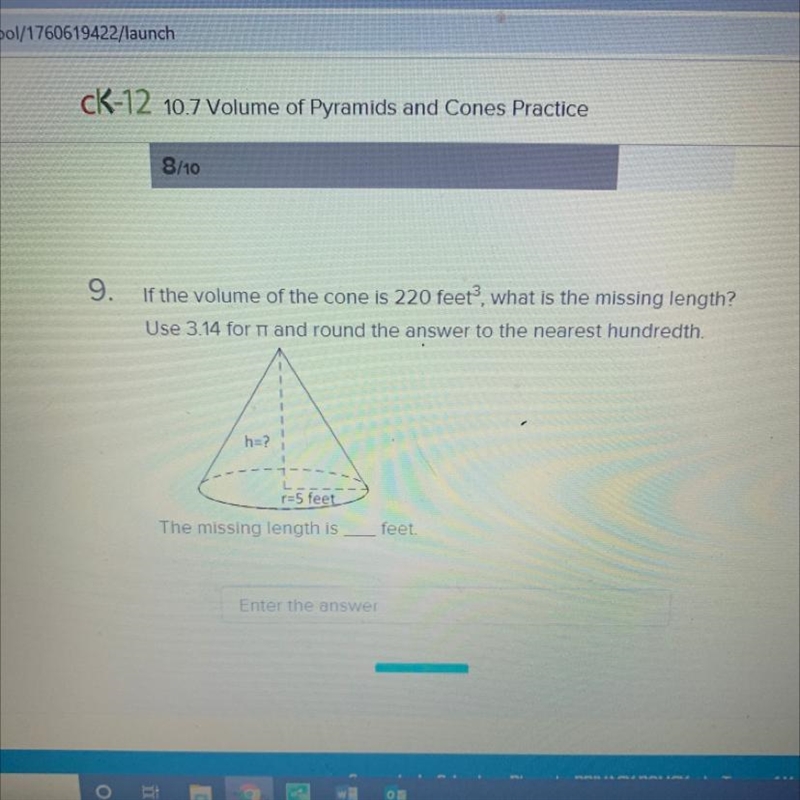 If the volume of the cone is 220 feet', what is the missing length? Use 3.14 for it-example-1