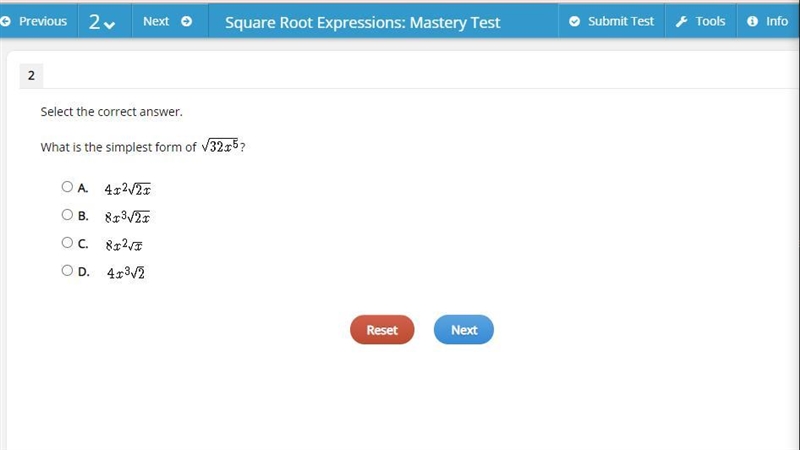 Please help! What is the simplest form of /32x^5? A. 4x^2/2x B. 8x^3/2x C. 8x^2/x-example-1