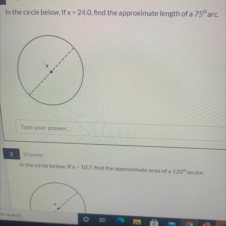 Please help In the circle, x= 24.0, find the approximate length of a 75 degree arc-example-1