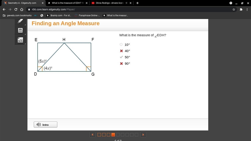 What is the measure of AngleEDH? 10° 40° 50° 90°-example-1