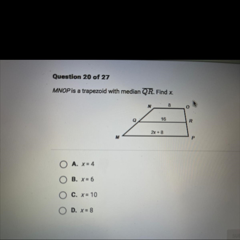 MNOP is a trapezoid with median QR. Find x-example-1