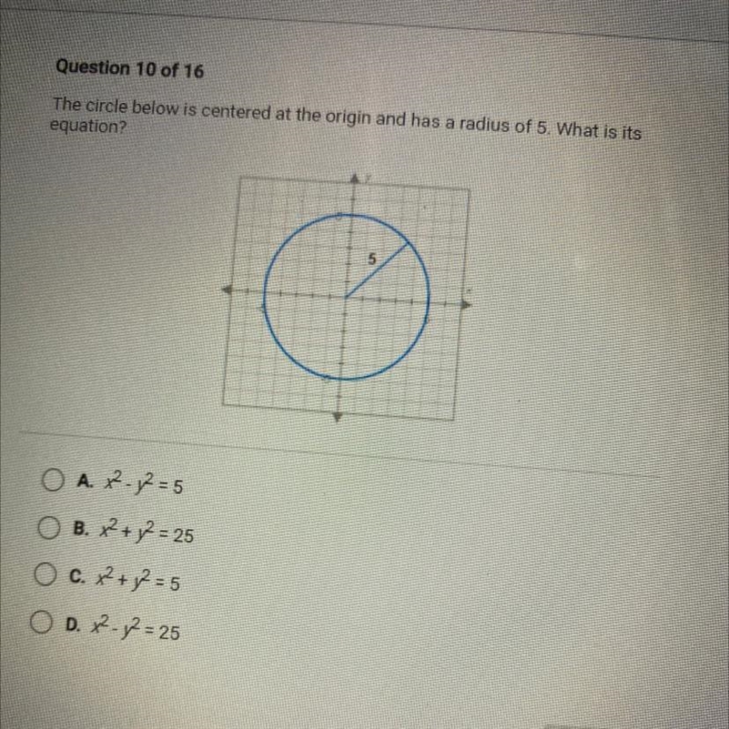 The circle below is centered at the origin and has a radius of 5. What is its equation-example-1