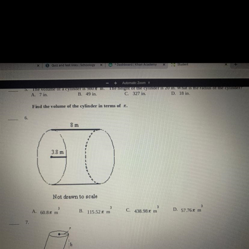 Find the volume of the cylinder in terms of pi-example-1