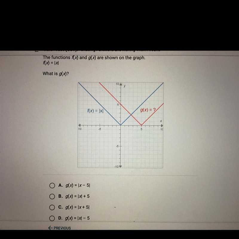 The functions f(x) and g(x) are shown on the graph. f(x) = 1x What is g(x)? 10- f-example-1