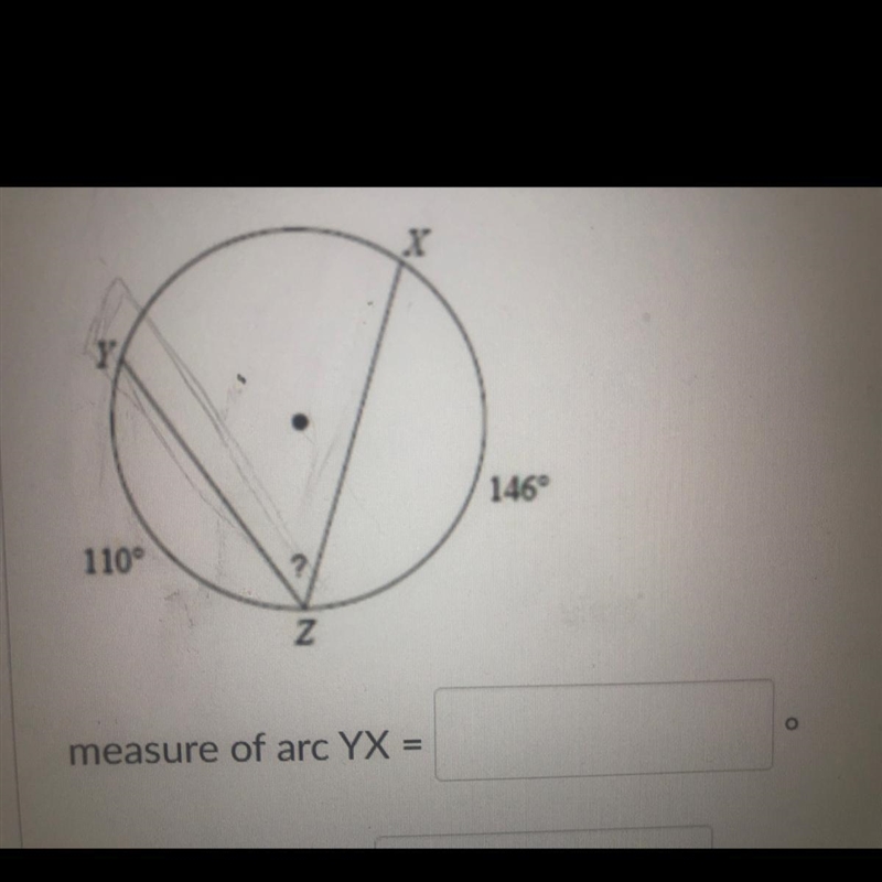 Find the measure of arc YX in the inscribed angle C in the circle below-example-1