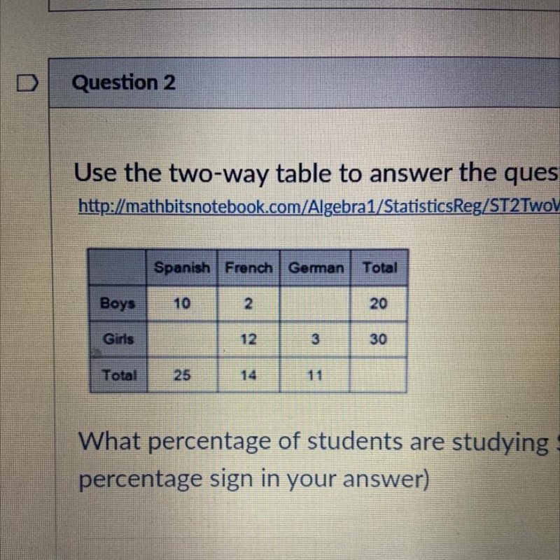 !!PLEASE ANSWER QUICK use the two way table to answer the question. what percentage-example-1