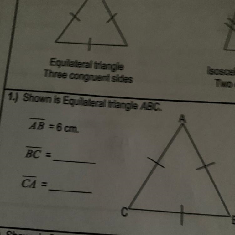 1.) Shown is Equilateral triangle ABC. AB = 6 cm. BC 11 CA E В-example-1