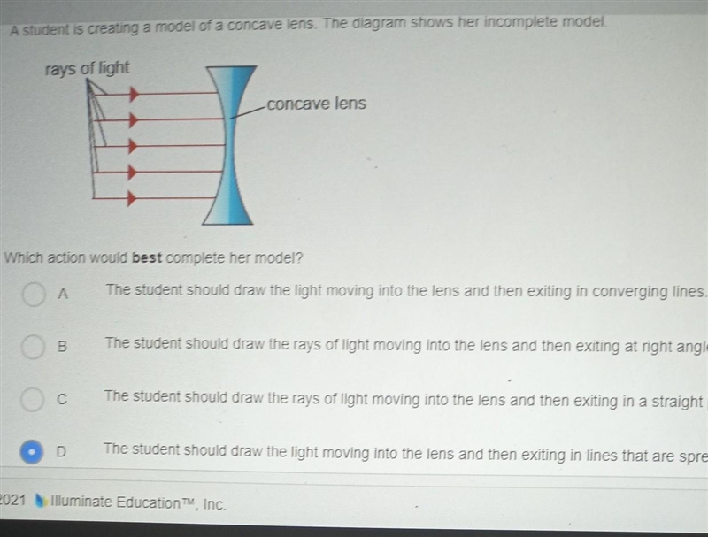 A student is creating a model of a concave lens. The diagram show her incomplete model-example-1