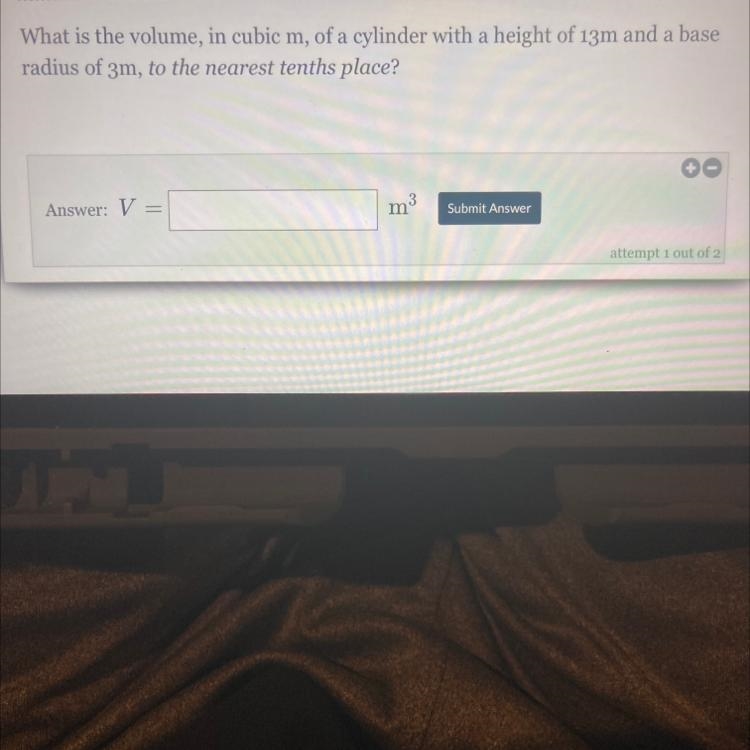 What is the volume, in cubic M, of a cylinder with a height of 13M and a base radius-example-1