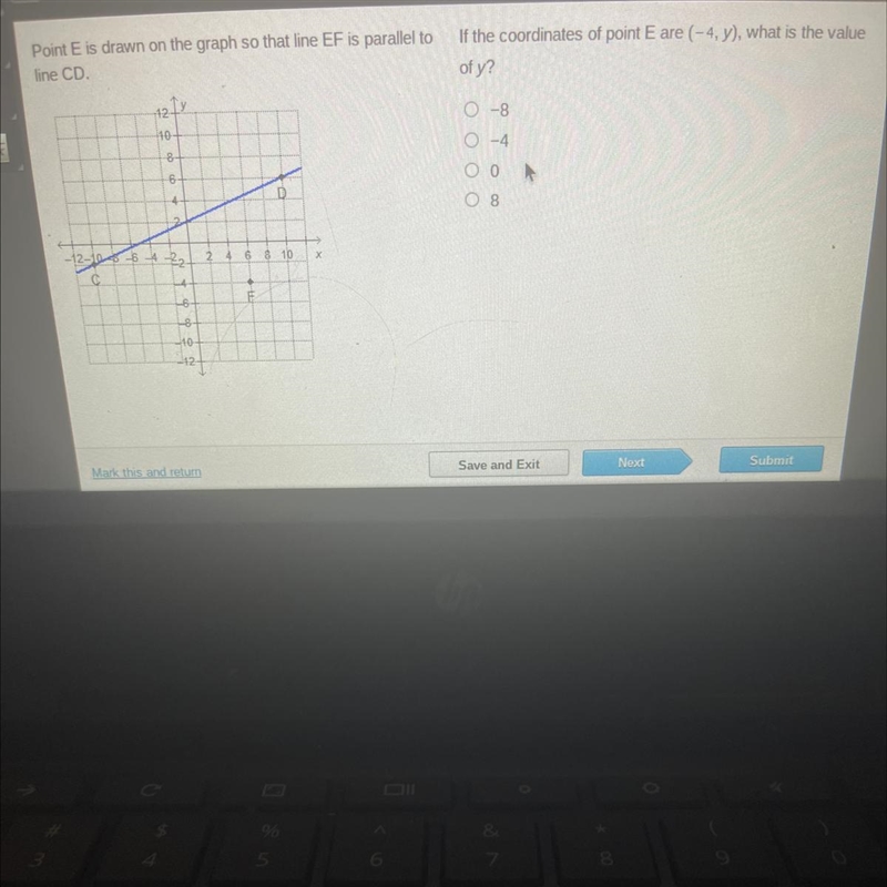 If the coordinates of point E are (-4, y), what is the value of y? -8 -4 0 08-example-1