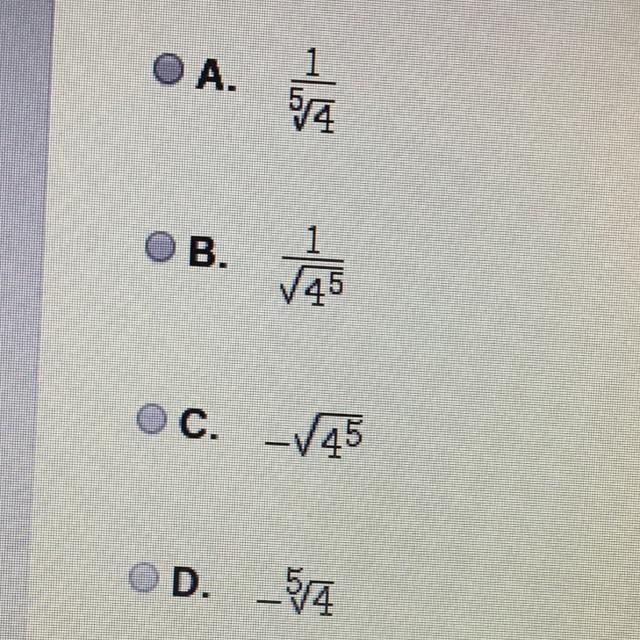 Which of the following is equivalent to the expression below? 4^-1/5 The pic is the-example-1