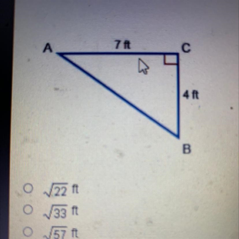 What is the length of the hypotenuse of the triangle? 7 ft 4 ft-example-1