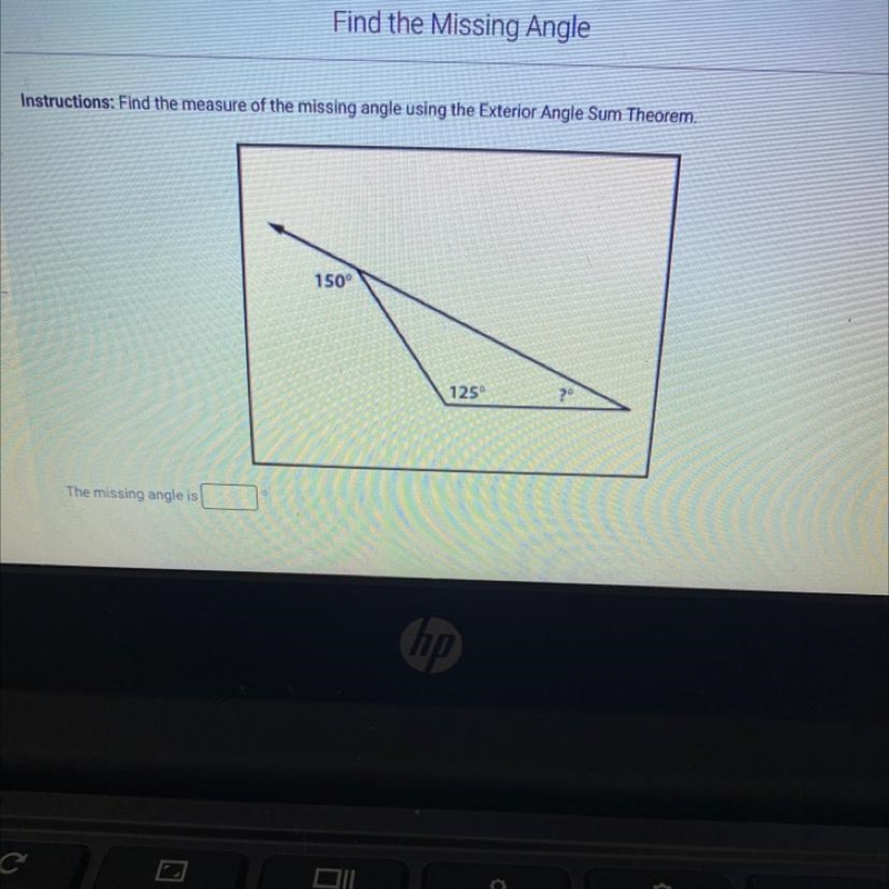 Find the measure of the missing angle using the exterior angle sum theorm.-example-1