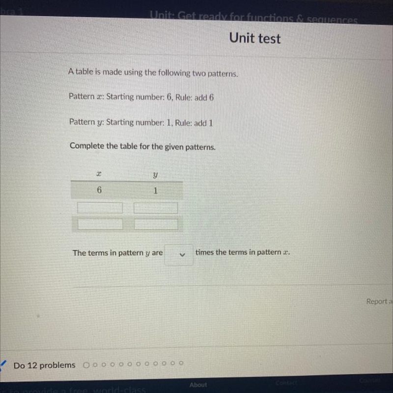 A table is made using the following two patterns. Pattern x: Starting number: 6, Rule-example-1